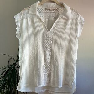 EUC Zara Basic Shirt White Cream with Lace Short Sleeve Size X Small